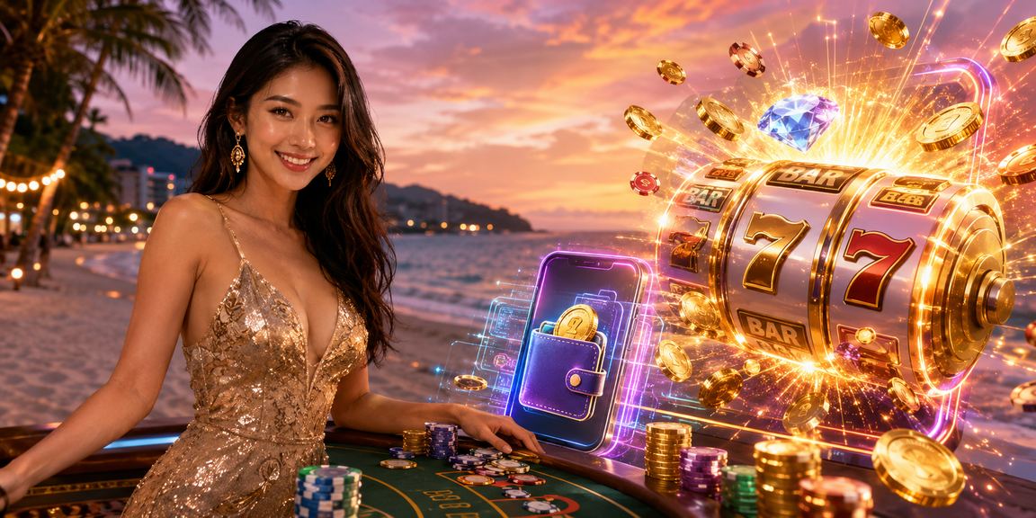 Mesin slot dengan lampu neon dan tema moden di Malaysia